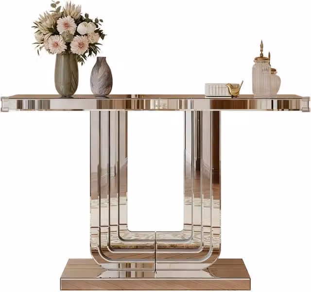 Consolle Specchiata DESMIU 120 cm con Base a U in MDF Argentata, Design Moderno e Resistente ai Graffi