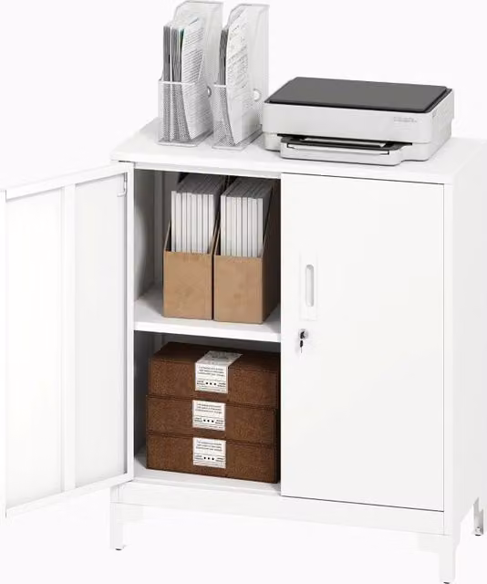 Mobile da ufficio in metallo, ante con serratura, cassettiera da ufficio, design a 2 ripiani, bianco