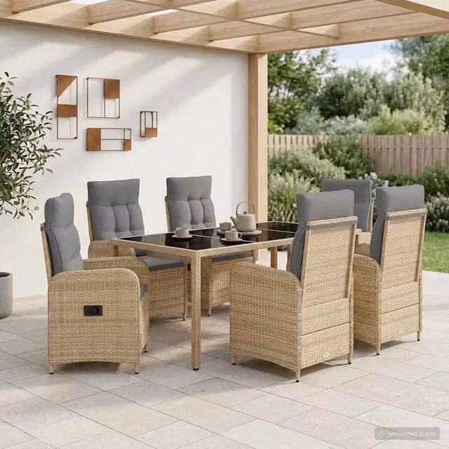 Set da pranzo per esterni vidaXL in polyrattan da 7 pezzi con tavolo rettangolare in vetro, colori beige e grigio – 1