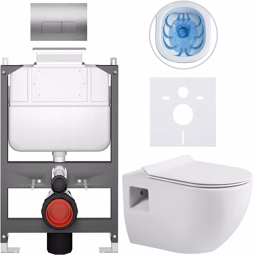 Set completo per WC sospeso Dure - bianco lucido - pulsante Prime/Modulo, argento - comando superiore - installazione a parete/cartongesso - 51x35 cm