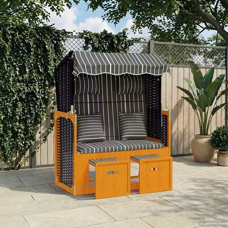 vidaXL Strandkorb in Polyrattan e Legno di Abete con Cuscini a Righe Nero e Antracite