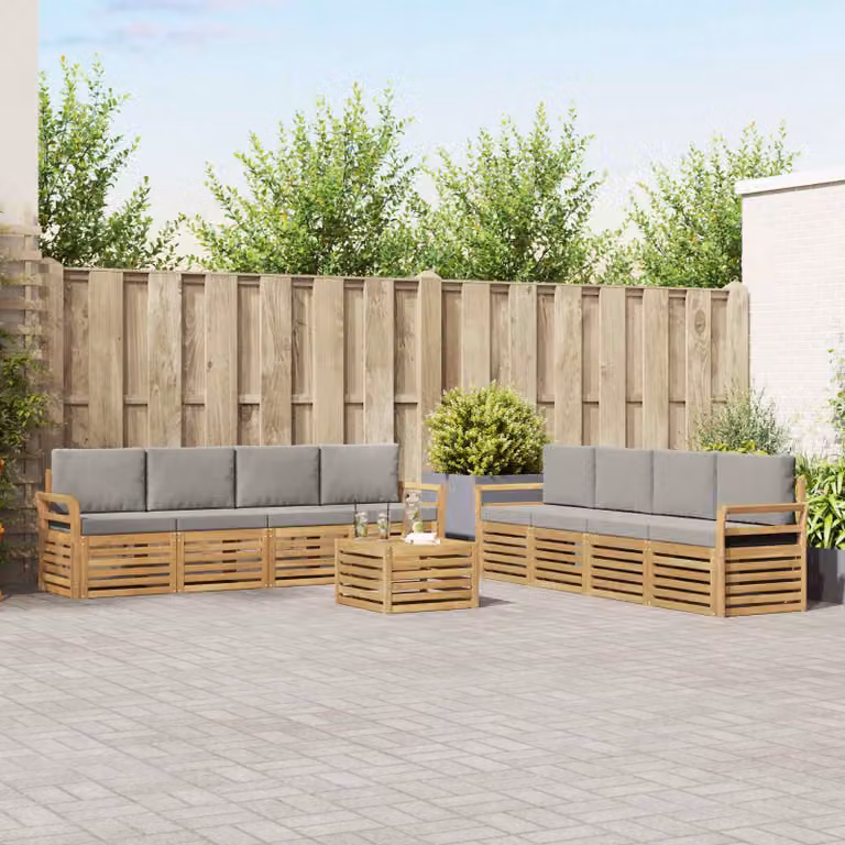 vidaXL Set di divani da esterno a forma di U composto da 9 pezzi con tavolino, in legno di acacia e tessuto, Bianco, Grigio e Marrone