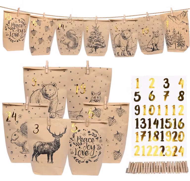 Calendario dell'Avvento con 24 sacchetti, set con adesivi numerati e graffette, carta kraft, 16x22 cm