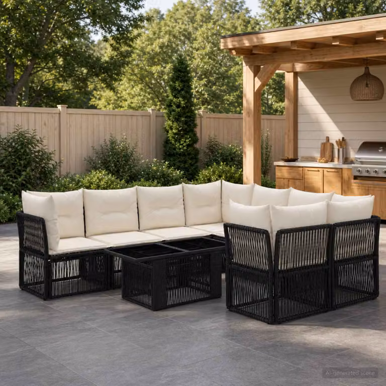 Set Divano da Giardino Moderno vidaXL in Polyrattan Nero con Tavolino e Cuscini a Forma di U