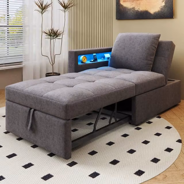 Divano letto 3 in 1 moderno con schienale regolabile, illuminazione LED, porte USB e Type-C, bracciolo reversibile e seduta sollevabile, imbottito in tessuto grigio, L: 177 cm, P: 68 cm, H: 65 cm