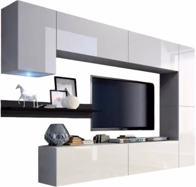 Set mobili da soggiorno sospesi Meublorama collezione CEPTO, bianco e nero, con 7 porte, mensola e illuminazione LED, larghezza: 256 cm
