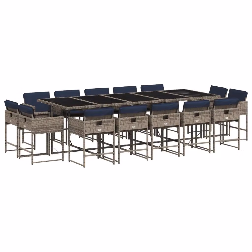 Set da pranzo da giardino vidaXL in polyrattan grigio con cuscini blu e tavolo in vetro per 15 persone – 2