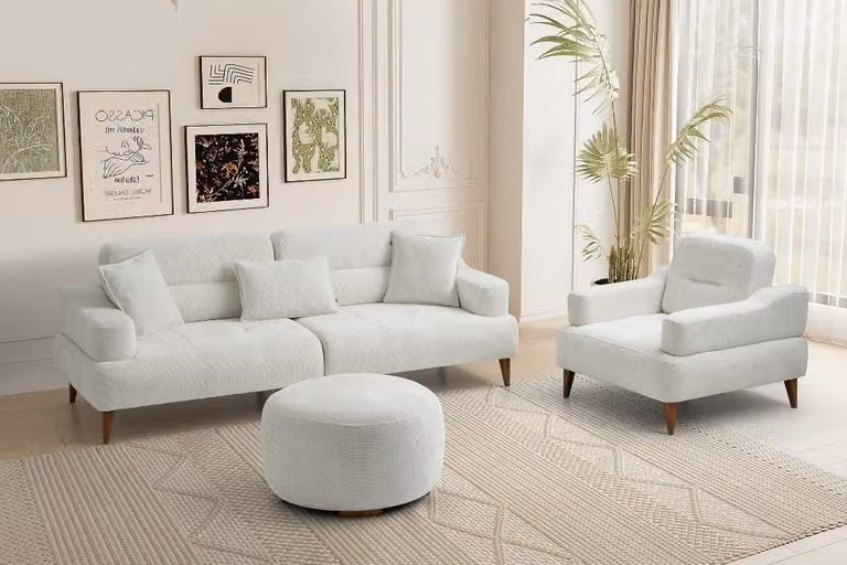 Weiße Wohnzimmer Couchgarnitur Designer Polstersofa Textilsessel