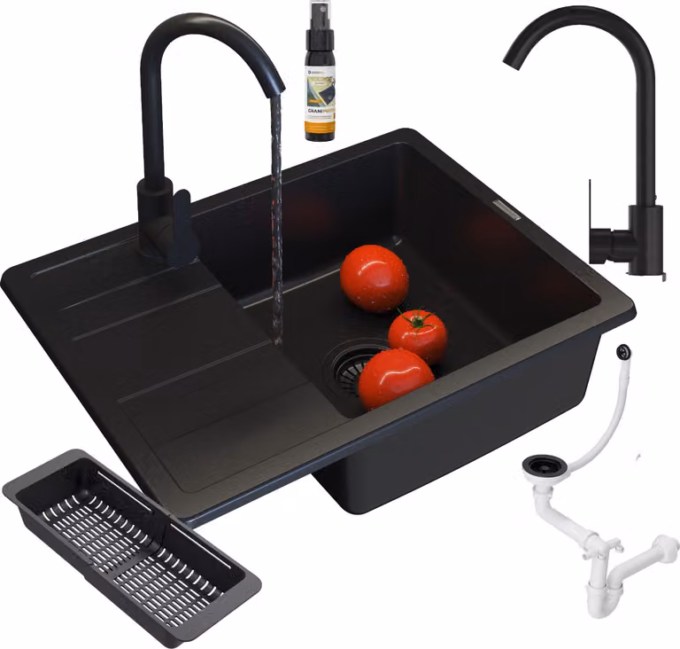 Granitan - Lavello in granito - Lavello da cucina - 58x44 cm - Nero - con accessori - Lavello - PAROS