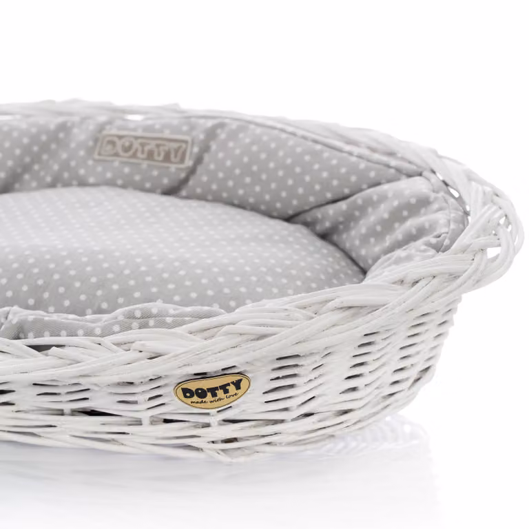 Cesto in vimini bianco sbiancato per cani Cesto Wiki con cuccia in cotone - Grigio a pois bianchi - DOTTY