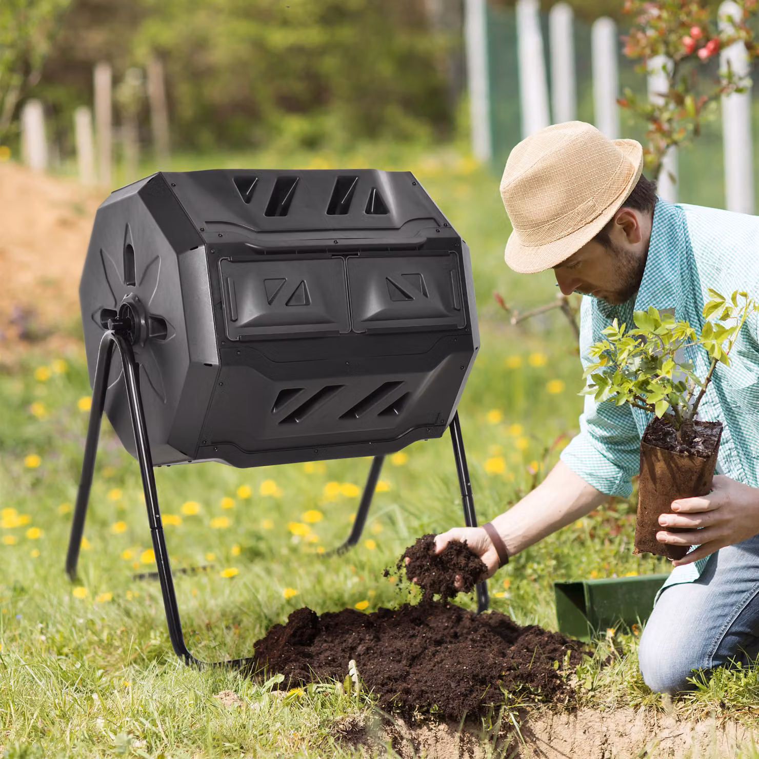 Compostiera domestica girevole Outsunny da 160L in plastica nera per giardino e balcone, L 71 cm x P 64 cm x H 92 cm – 2