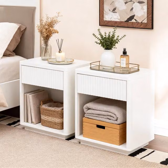 Tavolino da notte REDOM con cassetto e ripiano aperto in MDF e metallo, Bianco opaco, L: 55 cm, P: 40 cm, H: 63,5 cm