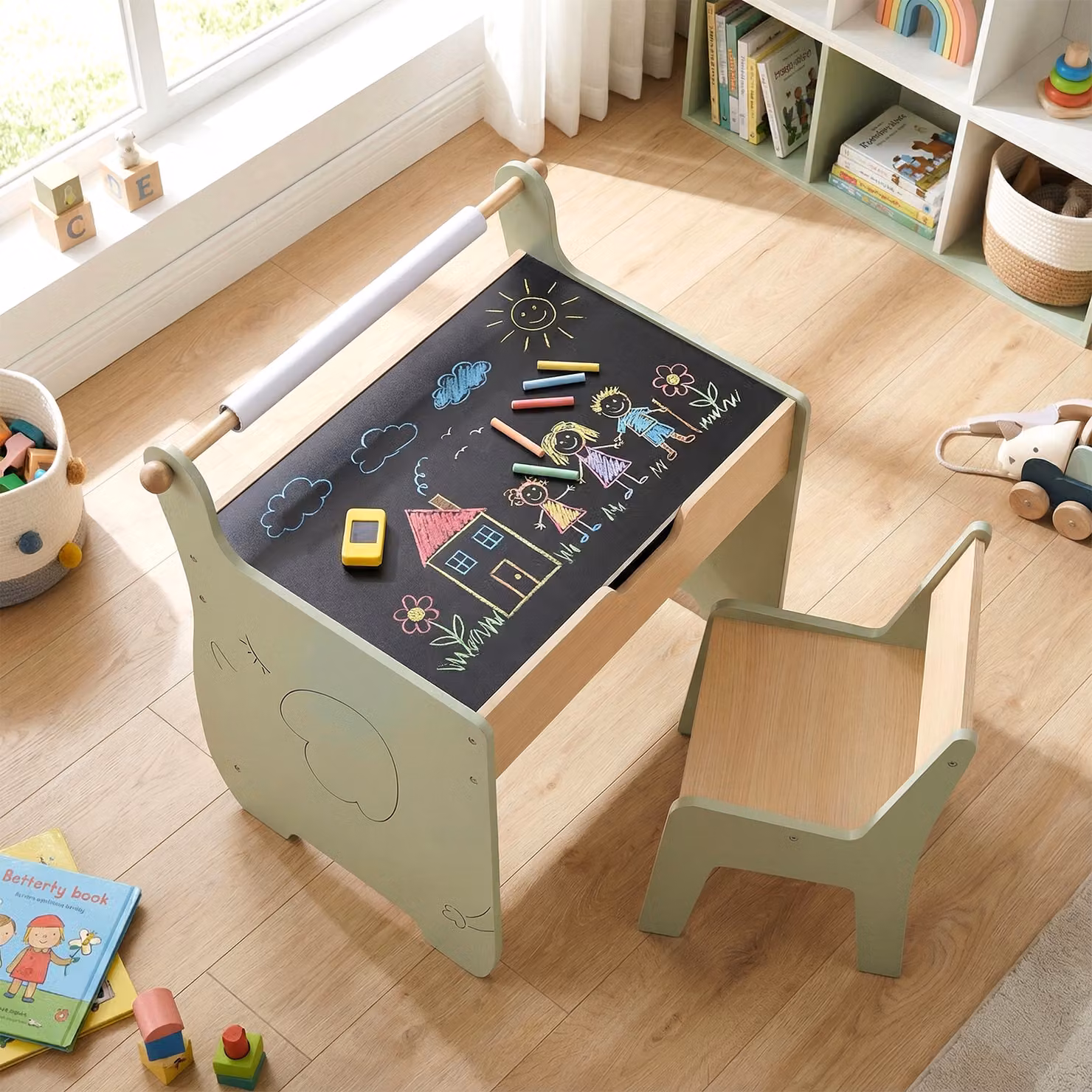 Set tavolo e sedie Costway in legno per bambini con lavagna reversibile e rotolo di carta, multi-attività con contenitore nascosto, bianco, nero o verde