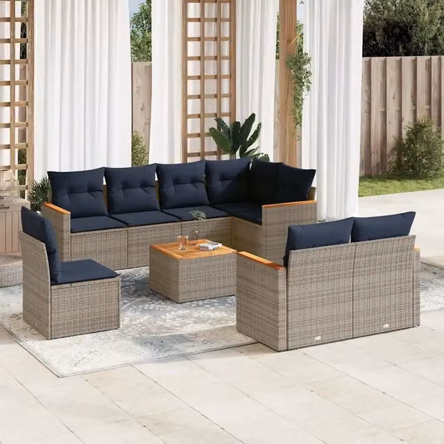 Set Divani da Giardino 9 pz con Cuscini Grigio in Polyrattan 3226173