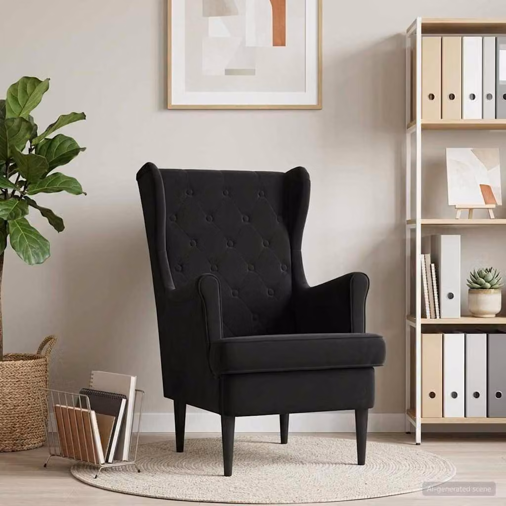 Poltrona moderna vidaXL in velluto nero con braccioli e struttura in legno e metallo
