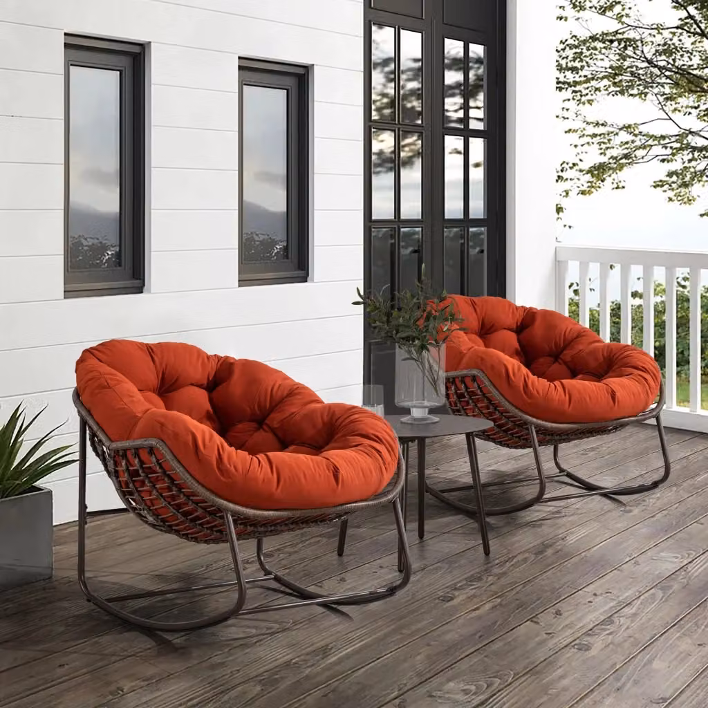 Poltrona a dondolo da esterno WISHDOR in rattan sintetico e metallo lacciato, colore arancione, L: 78 cm, P: 106 cm, H: 90 cm – 2