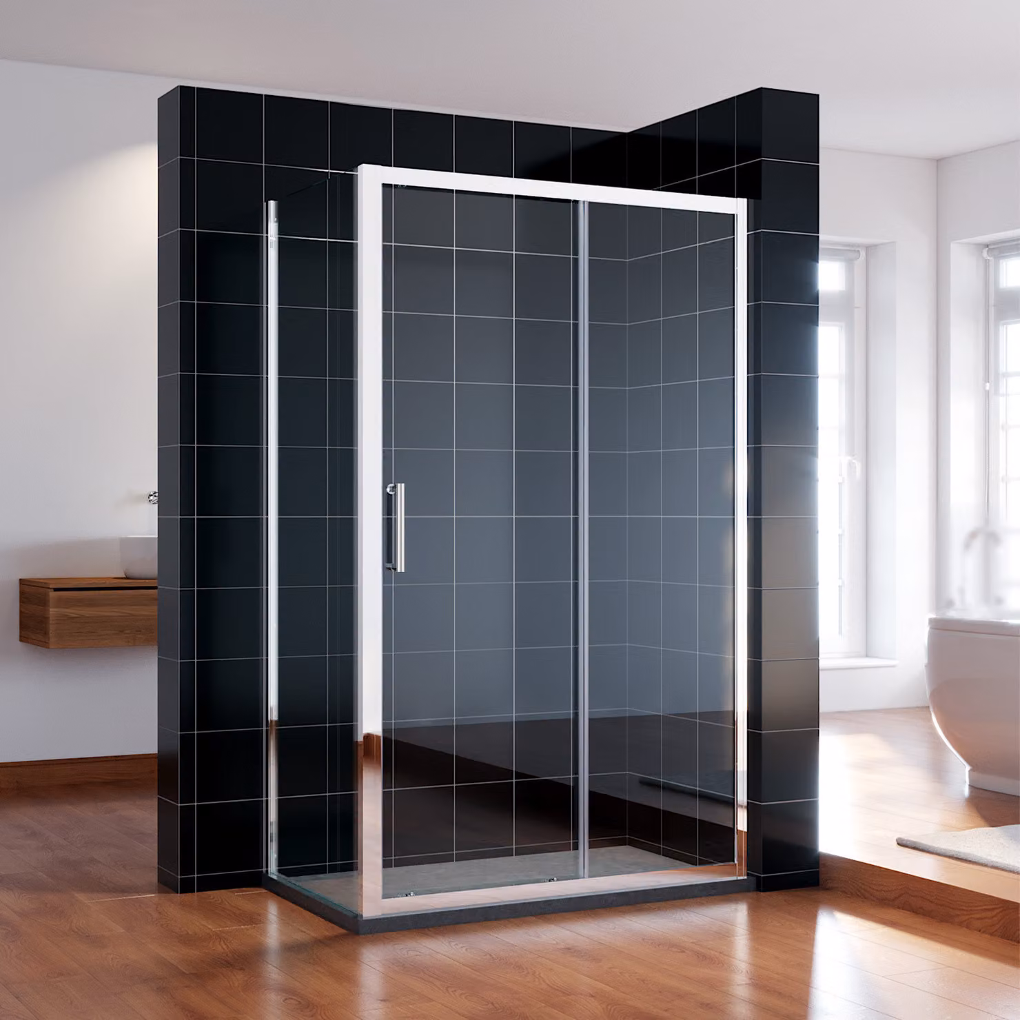 SONNI 140x185cm porta scorrevole doccia in vetro trasparente con pannello laterale da 70cm