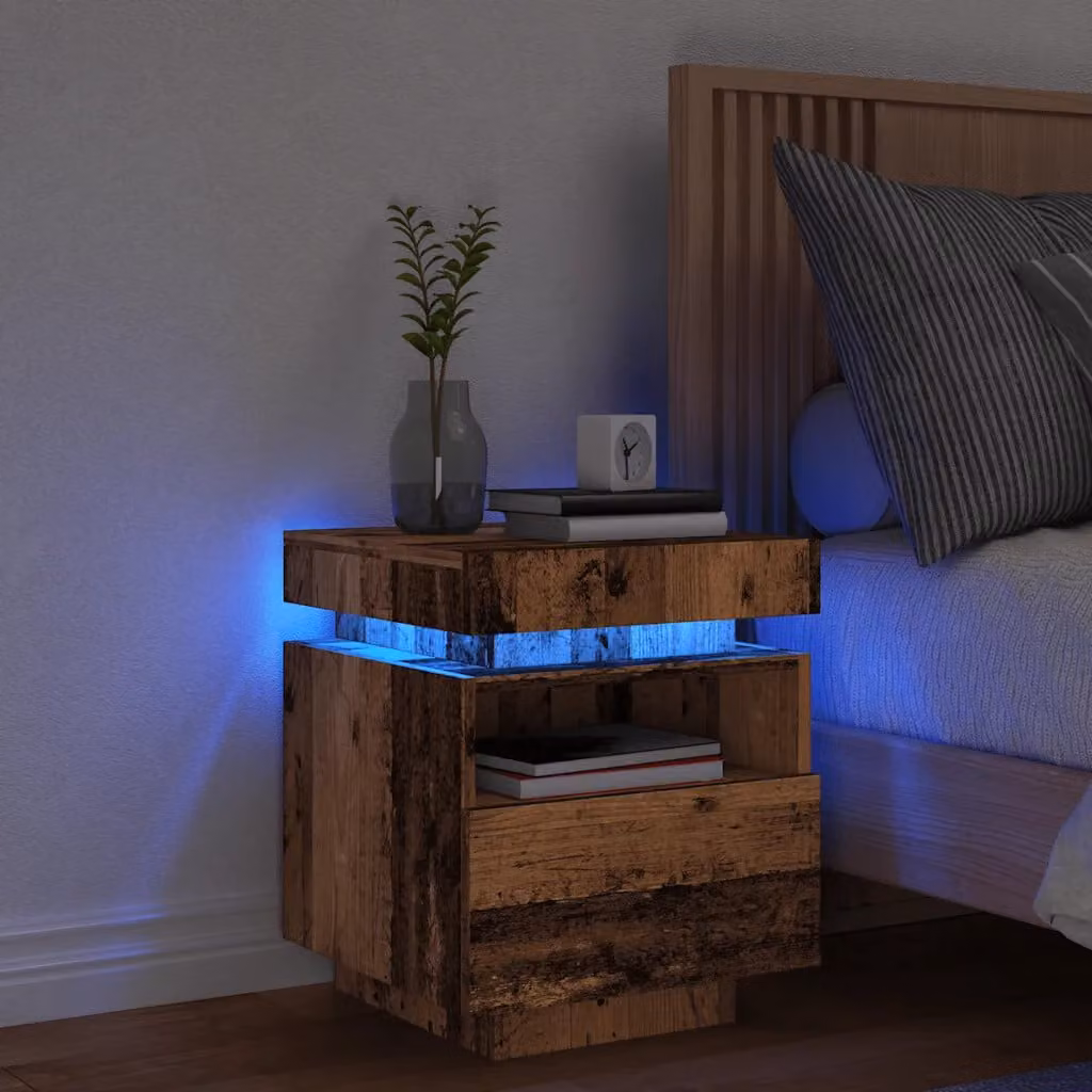 Comodino vidaXL in Legno Antico con Luci LED e Scomparti Media, L 40 cm x P 39 cm x H 48,5 cm