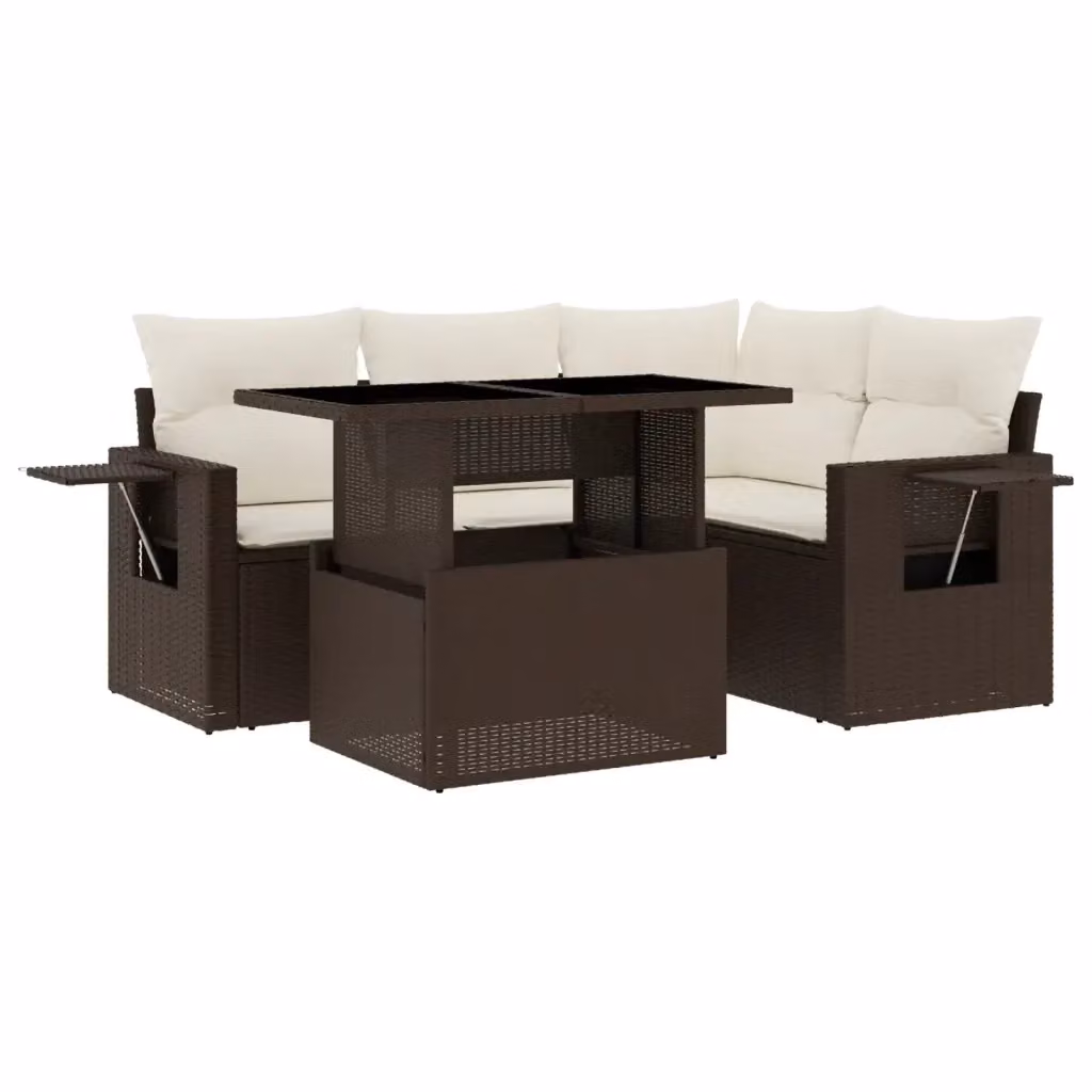 vidaXL Set Divano da Giardino 5 pz a Forma a L in Polyrattan Marrone con Cuscini e Tavolino – 2