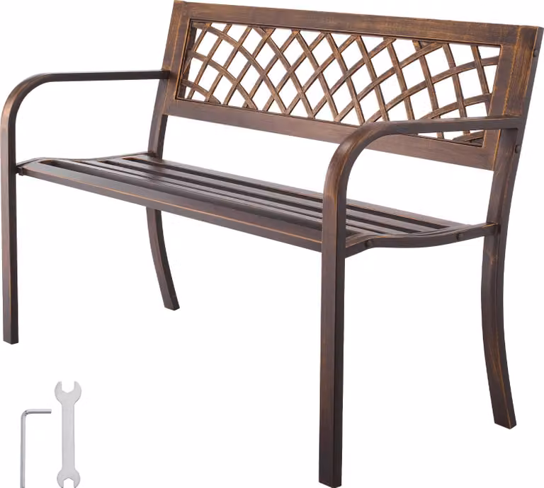 SucceBuy, panchina da giardino da 116 cm con capacità portante di 250 kg, panca da terrazzo realizzata in robusto Acciaio al carbonio con motivo a rete in PVC e braccioli, ideale per giardino, parco o cortile, colore nero. SucceBuy, panchina da giardino d
