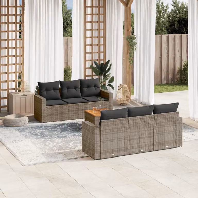 vidaXL Set Divani da Giardino 7 pz a Forma a L in Polyrattan Grigio con Cuscini e Tavolino