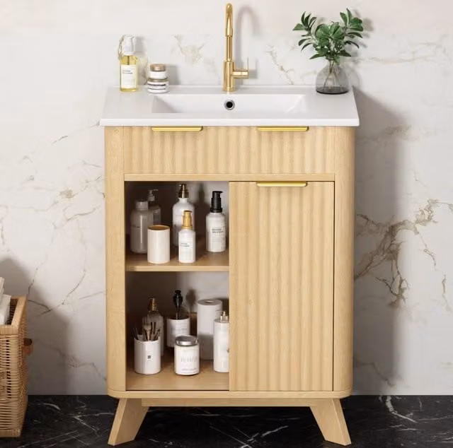 Mobile bagno con lavabo in ceramica 61x47x90 cm; 3 cassetti e anta scorrevole in MDF effetto legno naturale