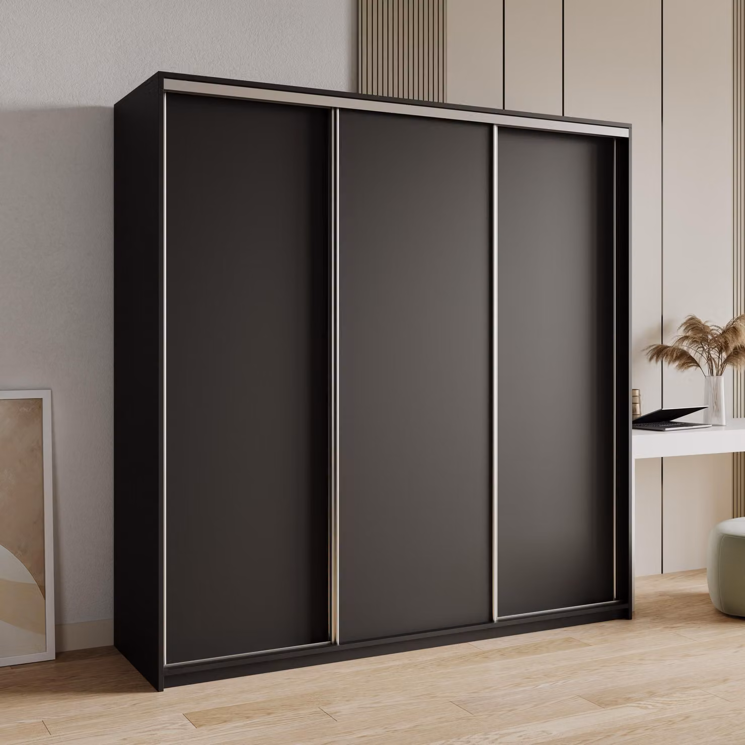 Armadio scorrevole Masseno NISSE 180/205/60 cm Armadio con 4 cassetti Armadio per camera da letto a 3 ante Nero
