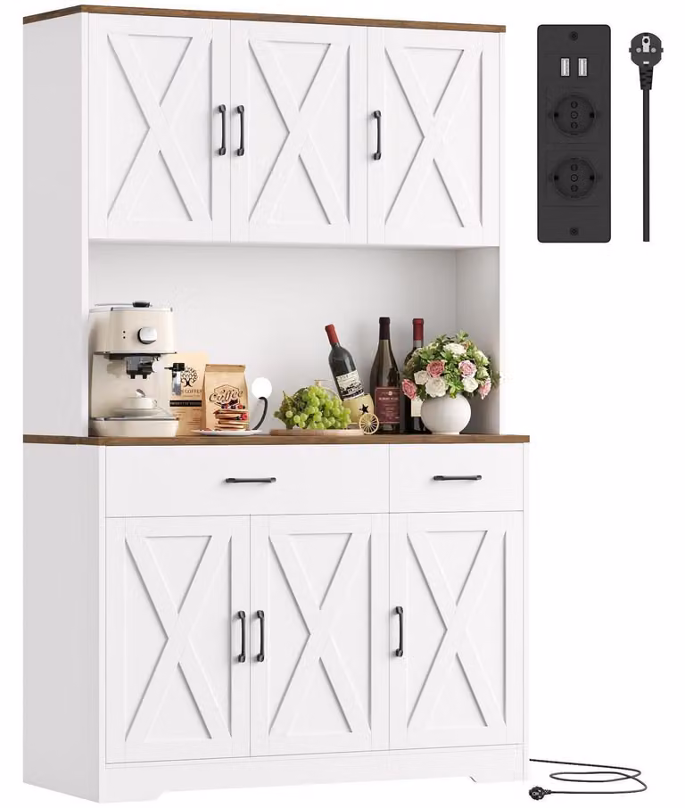 Mobiletto da cucina/credenza bianca, dimensioni 105x180 cm, con prese di corrente e cassetti
