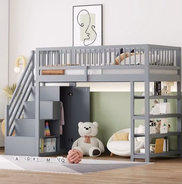 Letto a soppalco multifunzione 90x200 cm con scala di sicurezza; armadio e ripiani