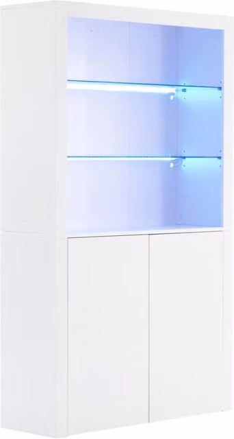 Vetrina moderna per soggiorno con ante in vetro e illuminazione LED integrata, finitura lucida bianca in MDF, L/P/H: 100 x 35 x 170 cm – 1