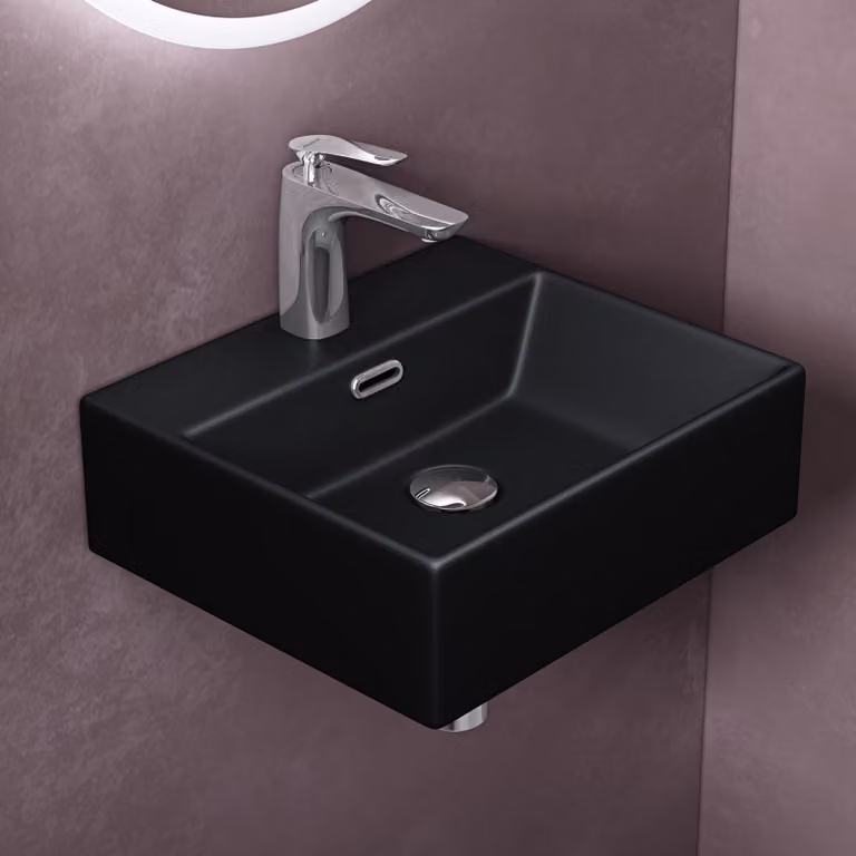 doporro Lavabo da Appoggio Rettangolare Lavandino Bagno Sospeso in Ceramica Nero Opaco 41 cm con Foro Rubinetto e Troppopieno Brüssel206