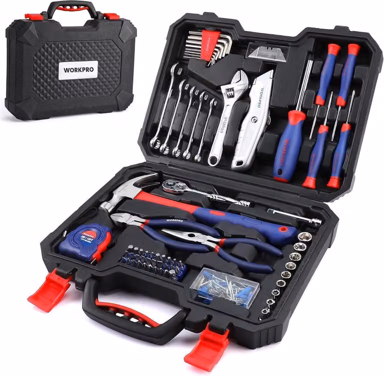 Set di utensili WORKPRO da 106 pezzi con custodia - pinze, cacciavite, martello, metro, coltello, cricchetto