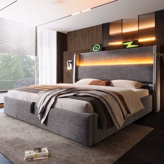 Letto Contenitore REDOM Grigio con Illuminazione LED e Porte USB/Type-C L/P: 180 x 200 cm