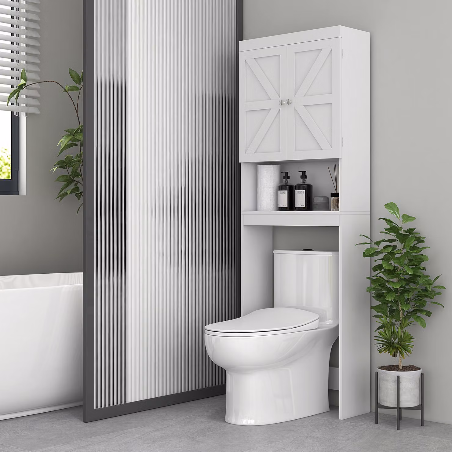 Armadio portaoggetti da bagno HOMCOM sopra il water con 2 ante e scaffali, bianco, L: 58,5 cm, P: 23 cm, H: 170 cm – 2
