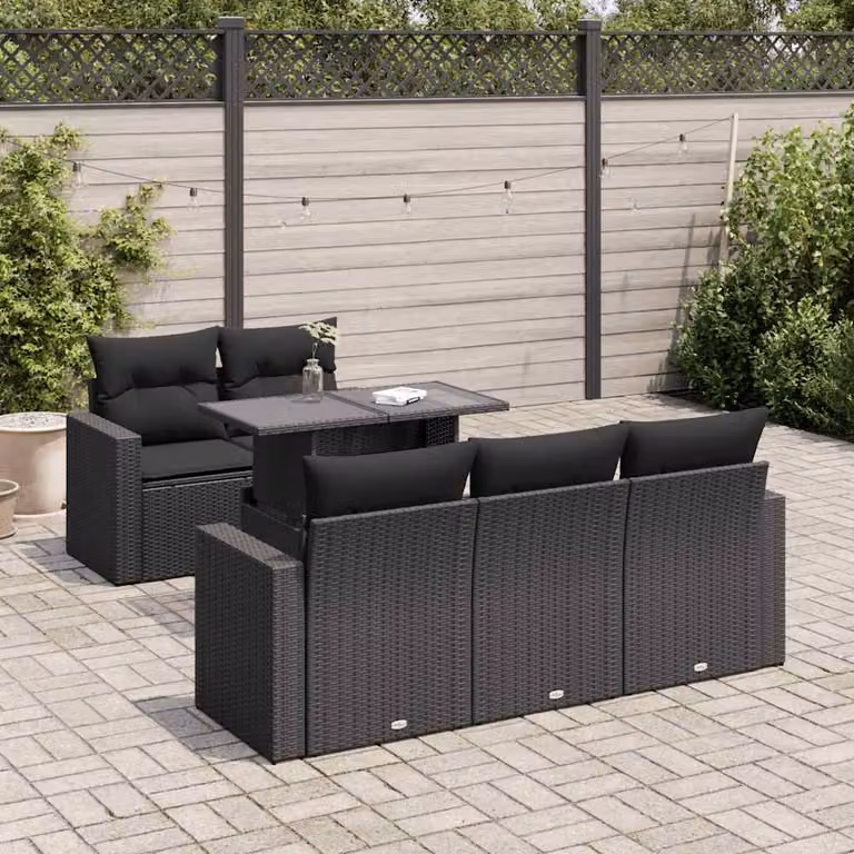 Set Divano da Giardino vidaXL 6 Pezzi in Polyrattan Nero con Cuscini e Tavolino per Terrazza o Giardino