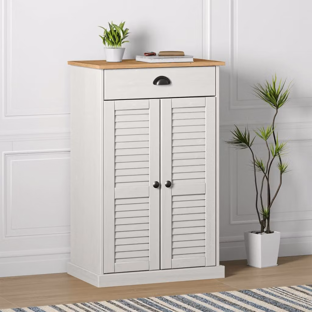 Scarpiera vidaXL VIGO in legno di pino bianco, stile rustico, con ante a battente e ripiani interni, L: 60 cm, P: 35 cm, H: 96 cm