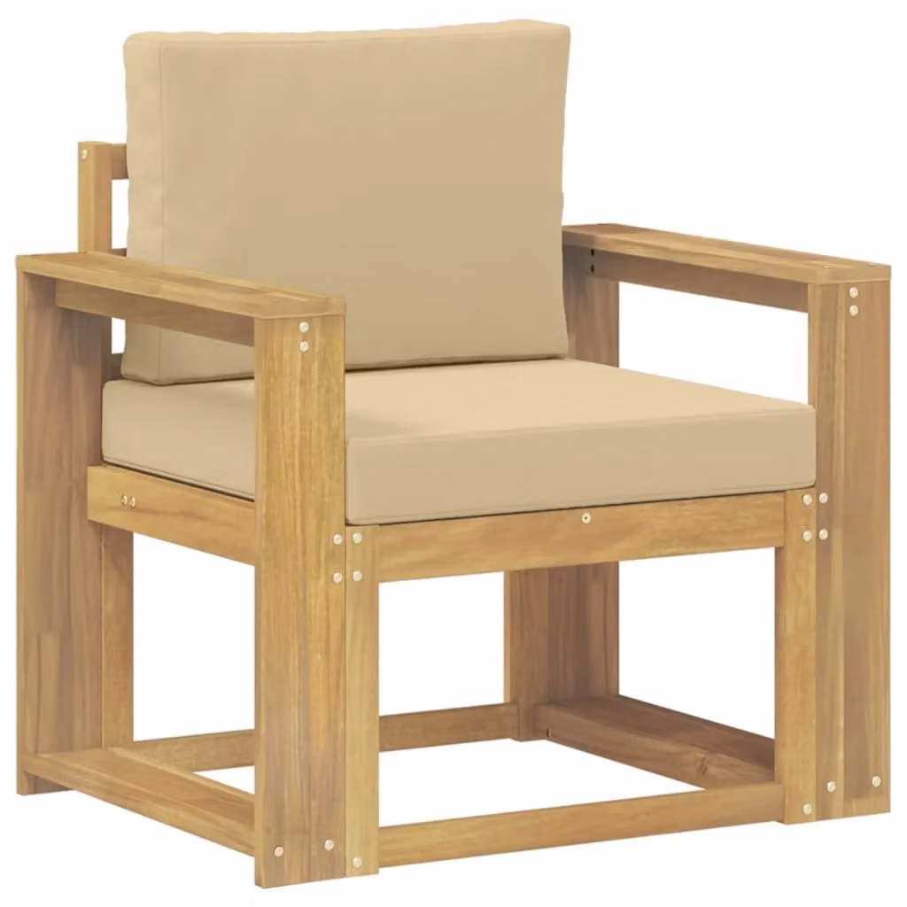 Set di 2 divani da esterno moderni in legno di acacia con cuscini in poliestere bianco e beige