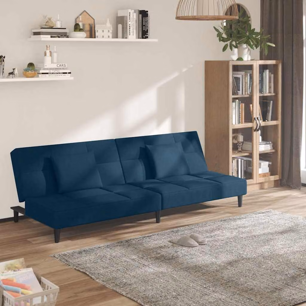 vidaXL Divano Letto Click-Clack a 2 Posti in Velluto Blu con 2 Cuscini e Struttura in Legno Massiccio, L/P/H: 200 x 90 x 69 cm