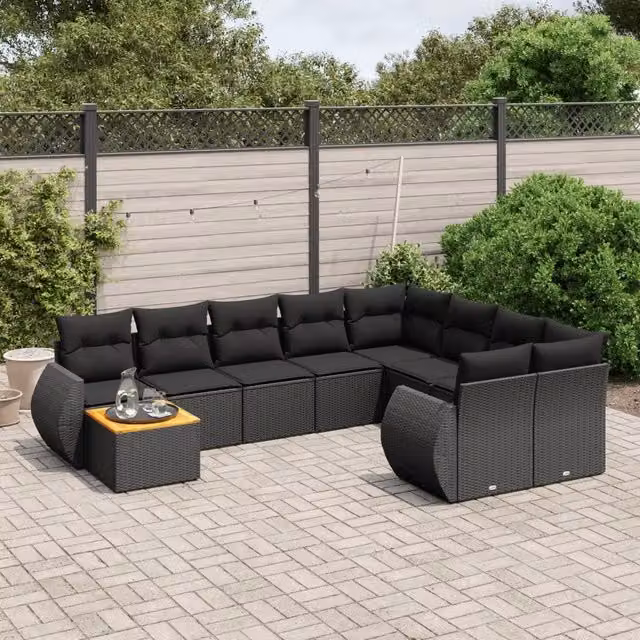 Set Divani da Giardino 10pz con Cuscini in Polyrattan Nero 3225166