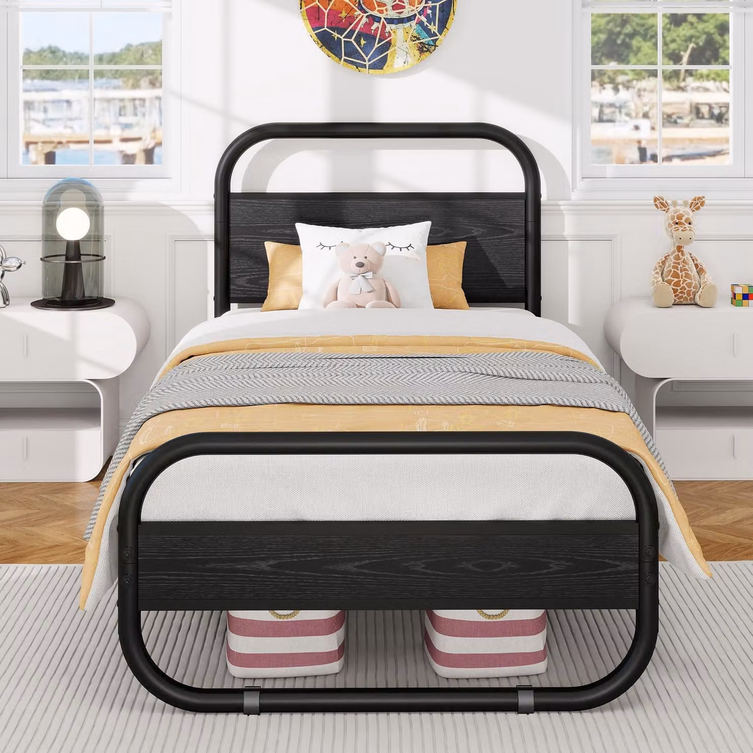Letto singolo con struttura in metallo, dimensioni 90x190 cm, con spazio contenitivo, colore nero