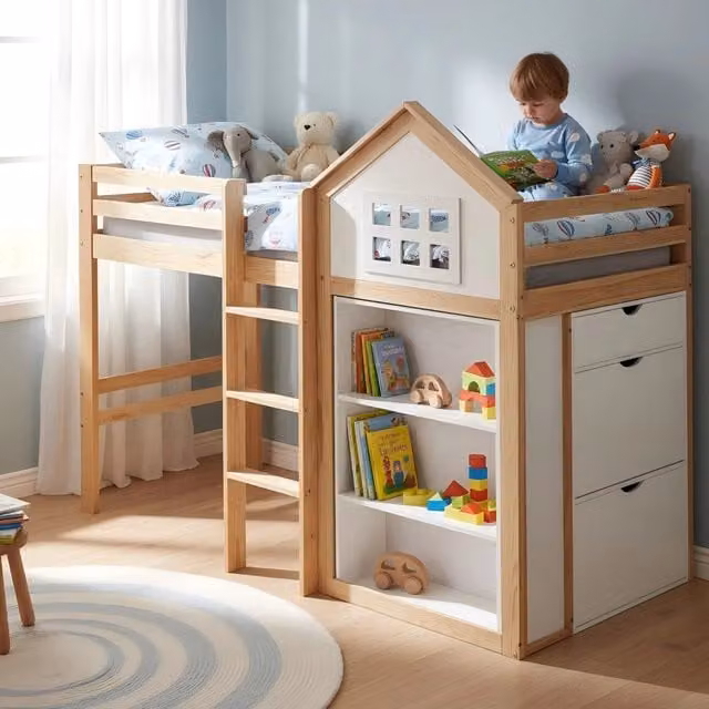 Letto a castello per bambini - Zephmum- 90x200cm- Bianco+Naturale- Con cassetti e scaffali