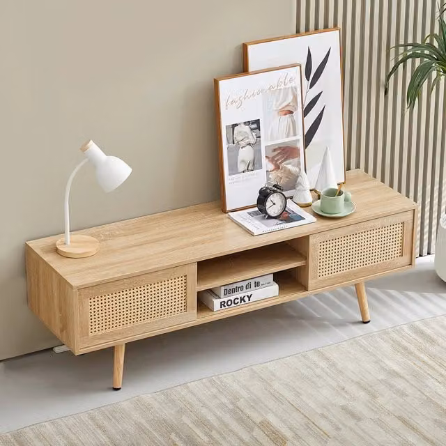 Mobile TV- rattan- doppie ante scorrevoli- ripiani regolabili- gambe legno- 140x45x40 cm- legno naturale