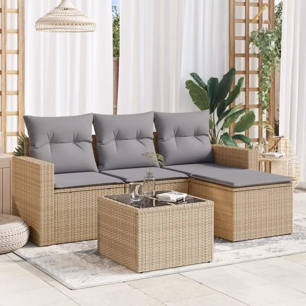 vidaXL Set Divano da Giardino 5 pz in Polyrattan con Cuscini Beige e Tavolino