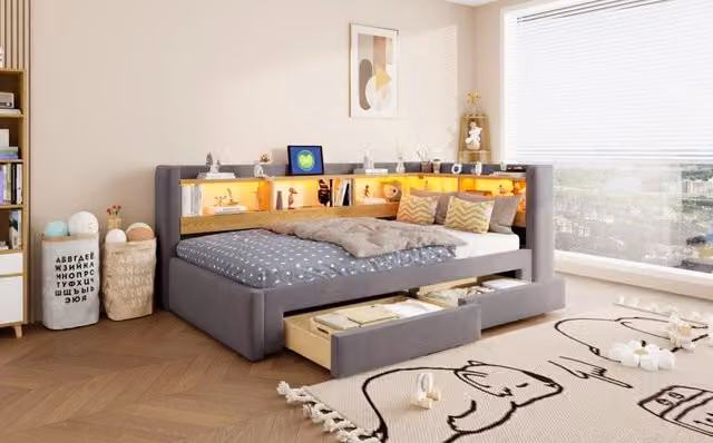 Divano letto 3 in 1 90x200 cm con letto estraibile; LED; cassetti e presa; grigio