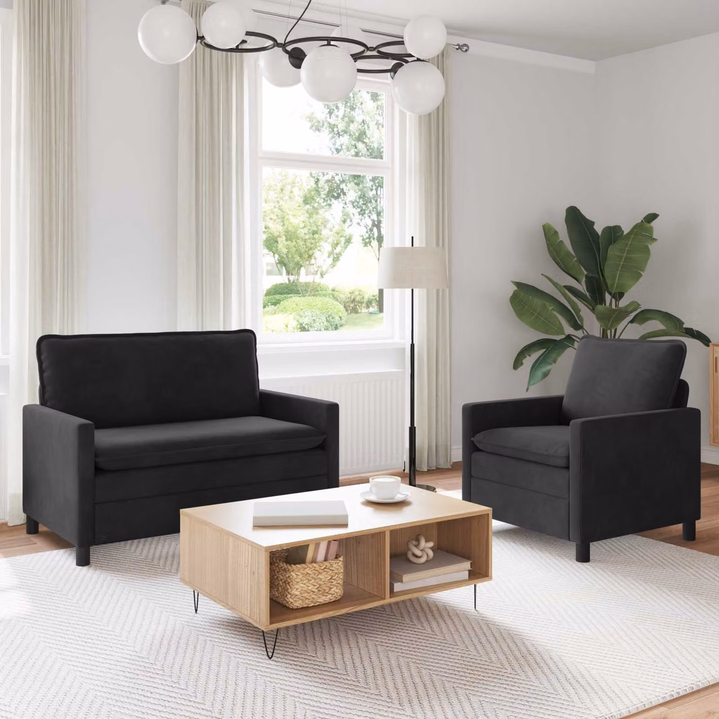 Set di 2 divani moderni vidaXL in velluto nero con cuscini inclusi e coperture rimovibili