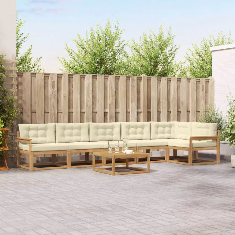 Set di divani da esterno vidaXL 7 pezzi a forma di L con tavolo da caffè, struttura in legno di acacia e cuscini in poliestere bianco, beige e marrone