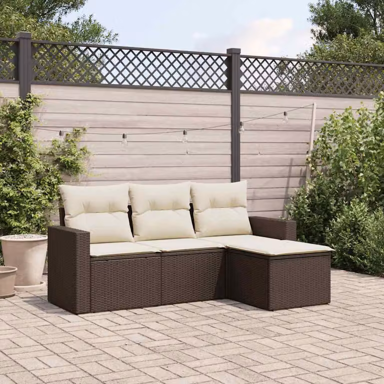 vidaXL Set Divano da Giardino a L 4 pz in Polyrattan Marrone e Bianco con Cuscini Imbottiti e Coperture Rimosse