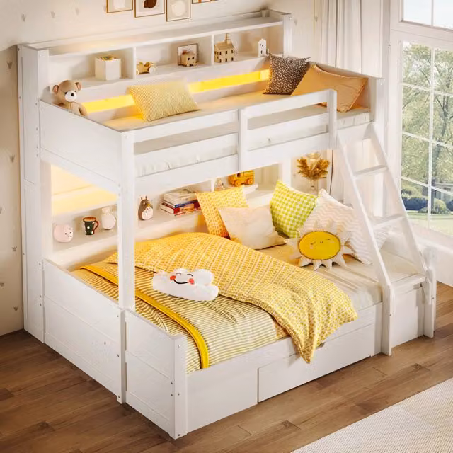 Letto a castello con LED; vano portaoggetti e cassetto in legno di pino bianco
