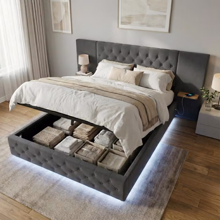 Letto imbottito LVHOM 160x200 cm con LED e USB, letto matrimoniale idraulico con ripiani, letto per ragazzi con rete a doghe, letto a molle insacchettate in velluto, grigio