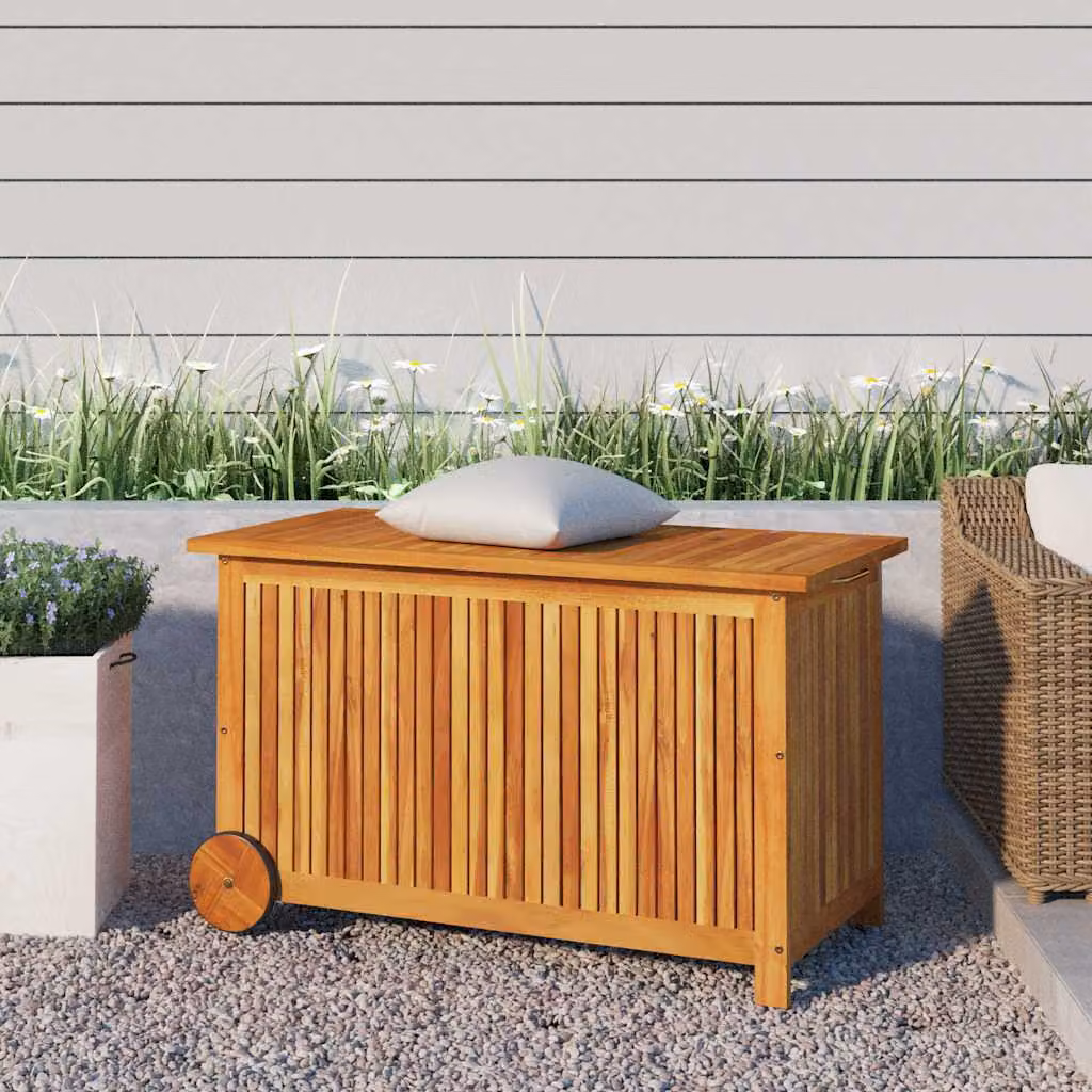 Contenitore da giardino con ruote vidaXL in legno di acacia oliato marrone L: 90 cm, P: 50 cm, H: 58 cm